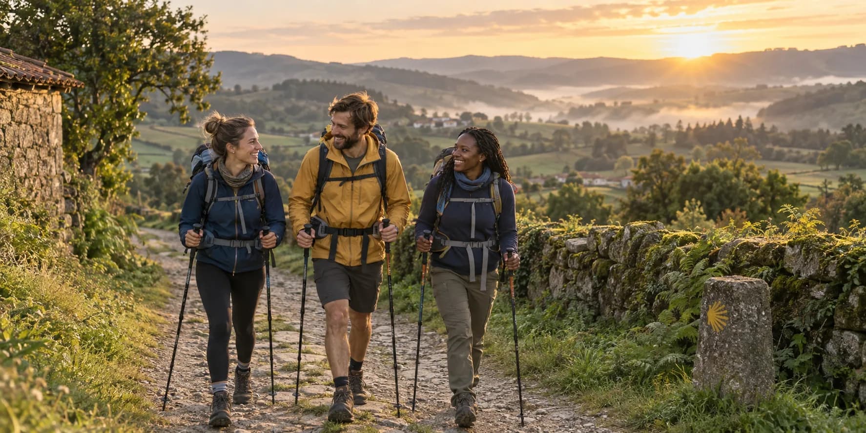 Un grupo de peregrinos caminando por un paisaje verde del Camino de Santiago