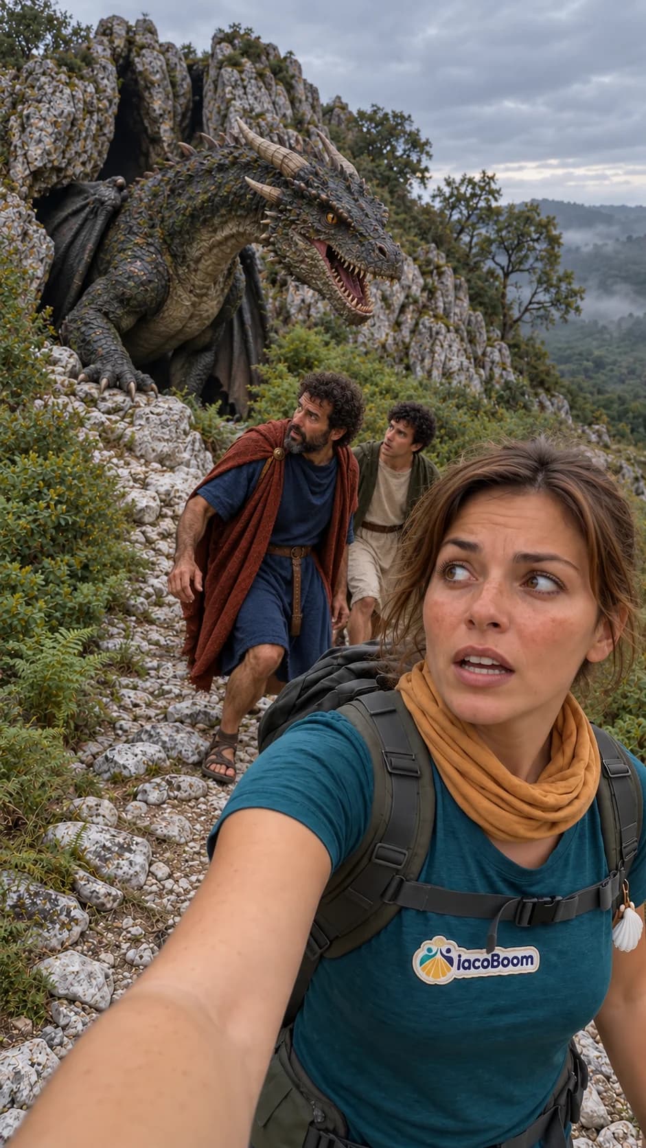 AI recreation of Lúa, Teodoro and Atanasio facing the dragon from the legend of Pico Sacro.
