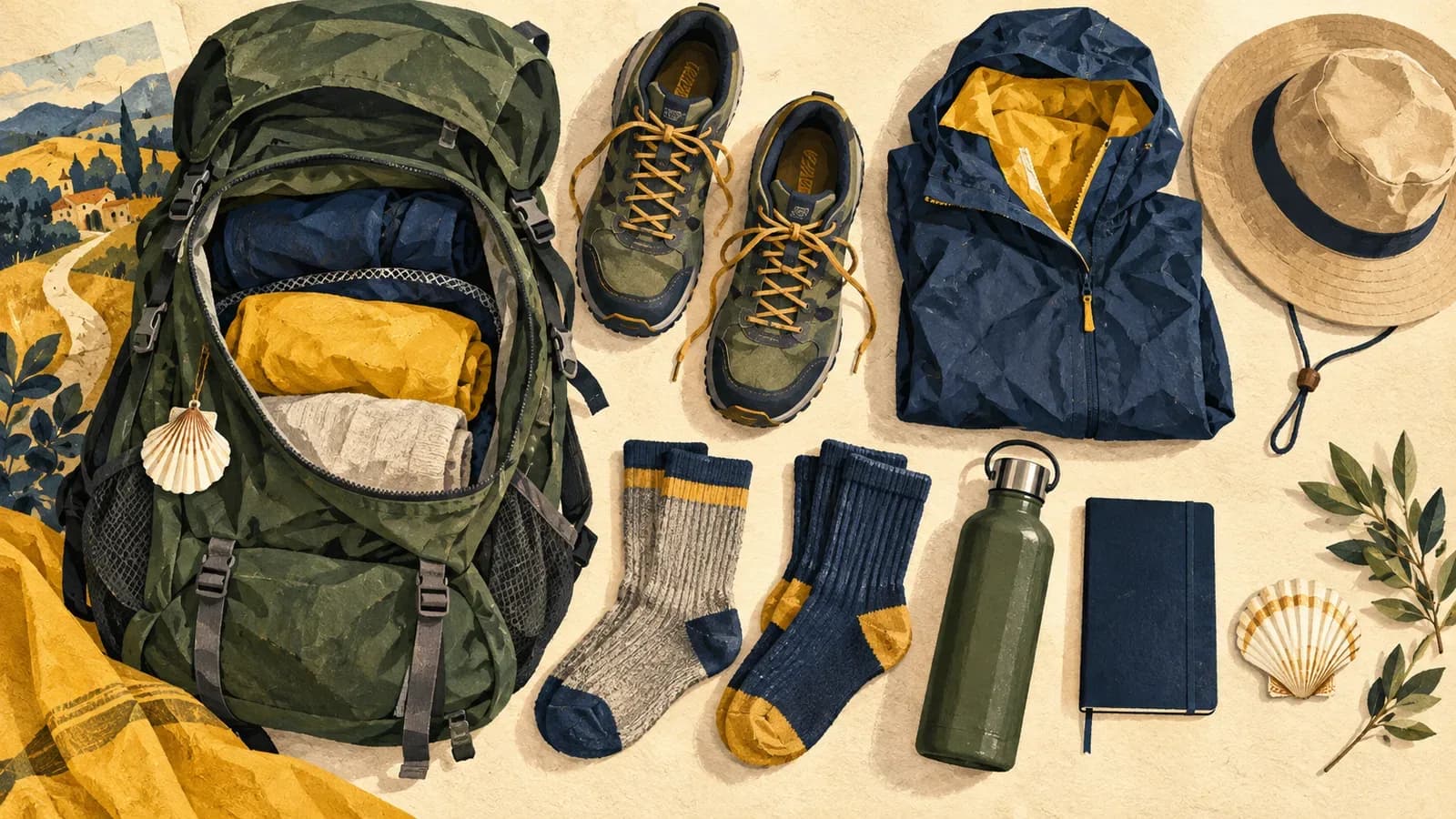 Illustrazione di uno zaino verde, scarpe da ginnastica, abbigliamento antipioggia, calzini, bottiglia e conchiglia su sfondo color crema.