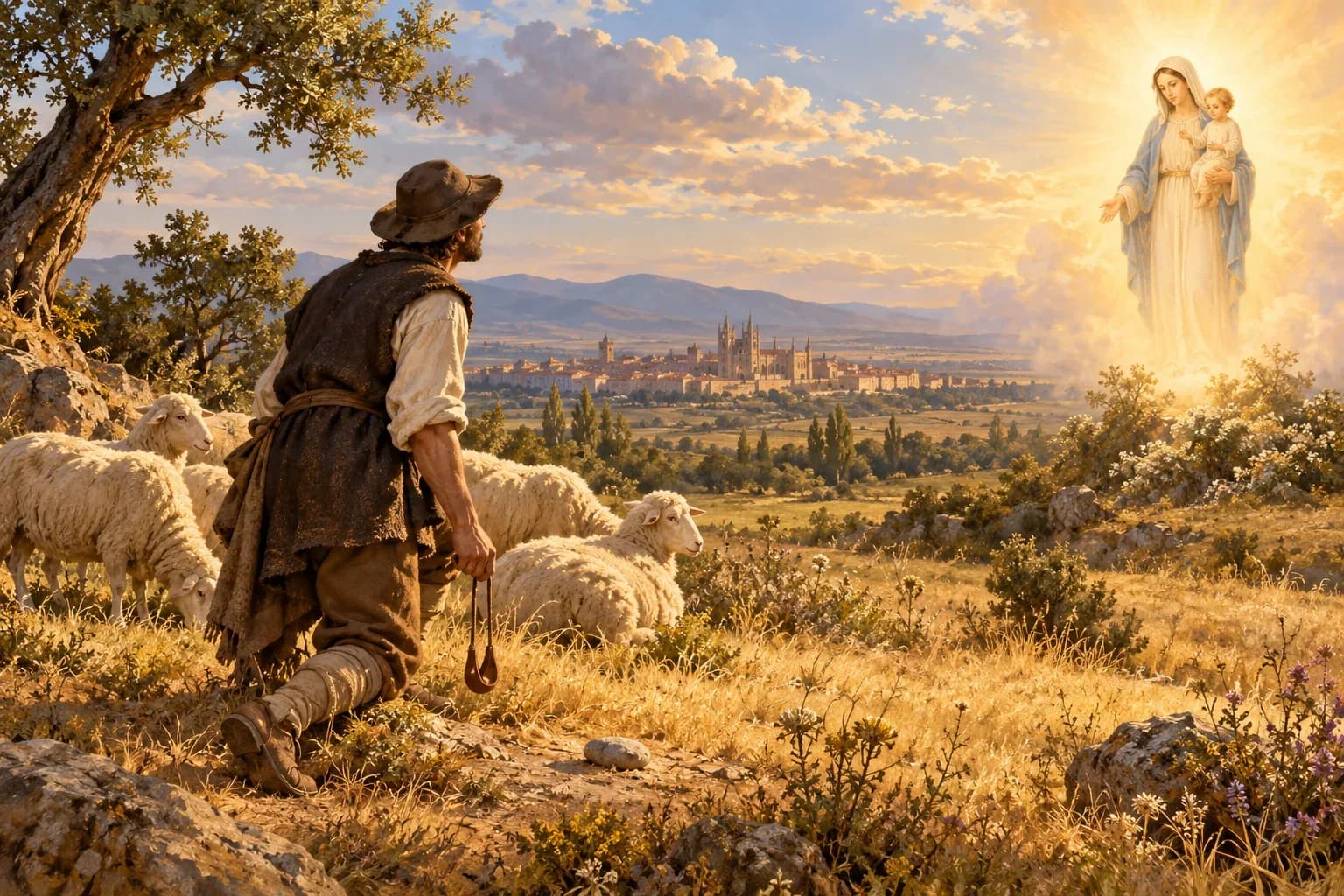 Recreación artística de un pastor con su rebaño inspirada en la leyenda de la Virgen del Camino