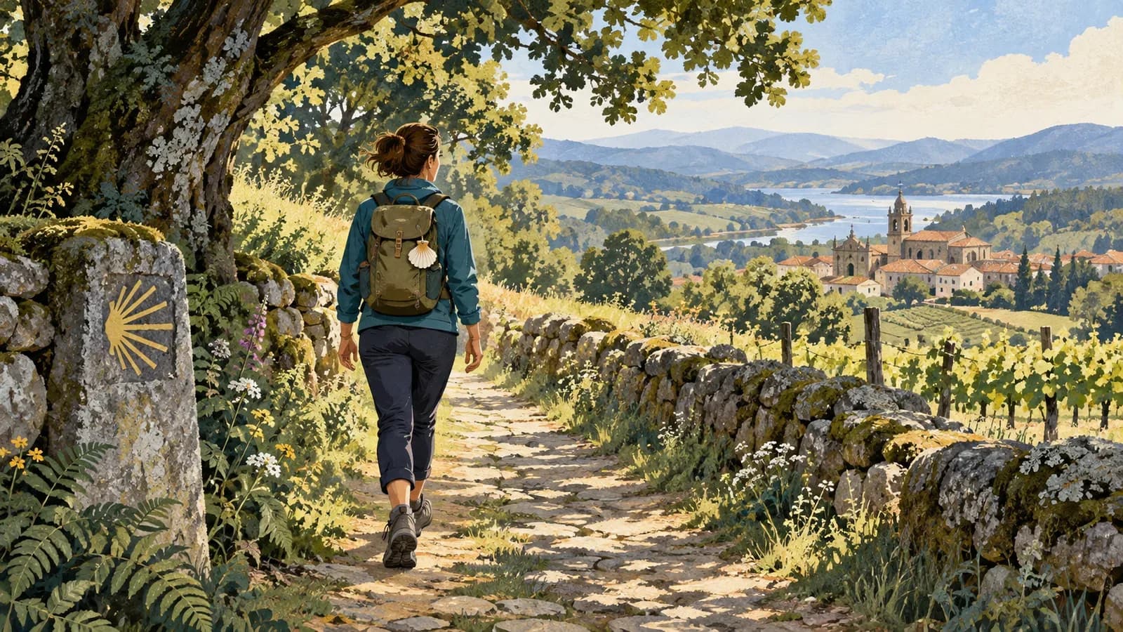 Illustrazione di una pellegrina adulta con uno zaino che cammina da sola su un sentiero luminoso tra alberi e colline.