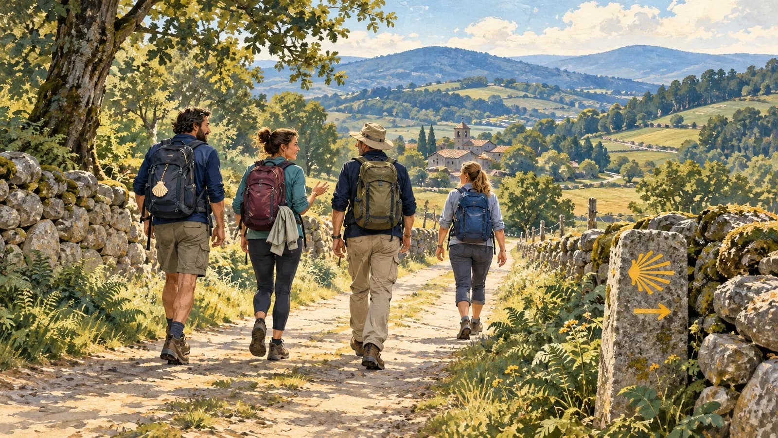Illustrazione di quattro pellegrini con zaini che camminano insieme su un sentiero tra muri di pietra e alberi.