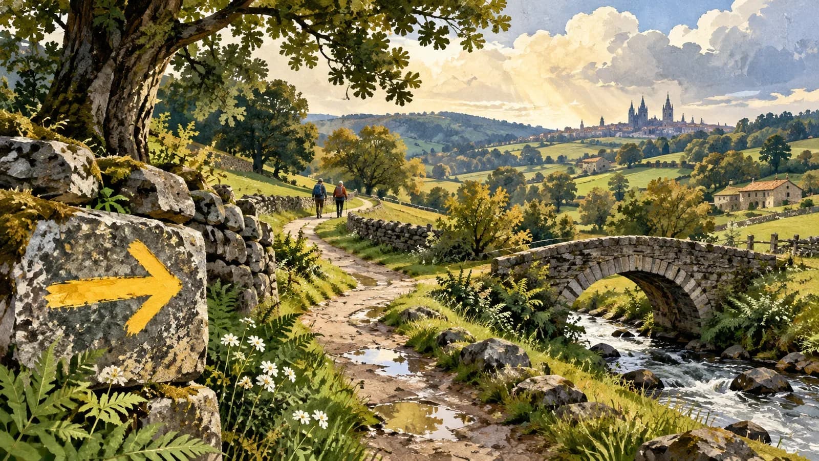 Illustrazione dei pellegrini che camminano accanto ad un ponte di pietra e ad un sentiero verde; Non è una mappa o un luogo esatto.