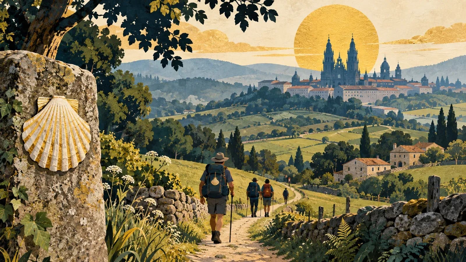 Illustrazione di un sentiero tra colline galiziane, una conchiglia e la sagoma simbolica delle torri di Santiago.