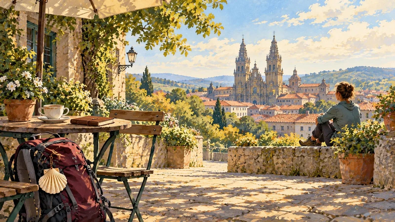 Illustrazione di una pellegrina a riposo, uno zaino con conchiglia e un caffè davanti a una ricostruzione artistica dei tetti e della cattedrale di Santiago.